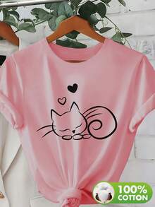 100% Knit Garment, Soft And Gentle On The Skin, Breathable And Moisture-Wicking, Comfortable And Sweat-Resistant. Printed With A Sleeping Sloth Cat And A Heart Pattern, Creating A Gentle Atmosphere. Short-Sleeved Design With A Round Neck, Modern And Versatile -8656 - 粉色 - 查看 6