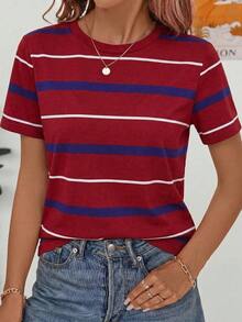 Frenchy Camiseta de mujer de manga corta, cuello redondo, a rayas, de estilo casual para el verano - Multicolor 4 - Ver 2