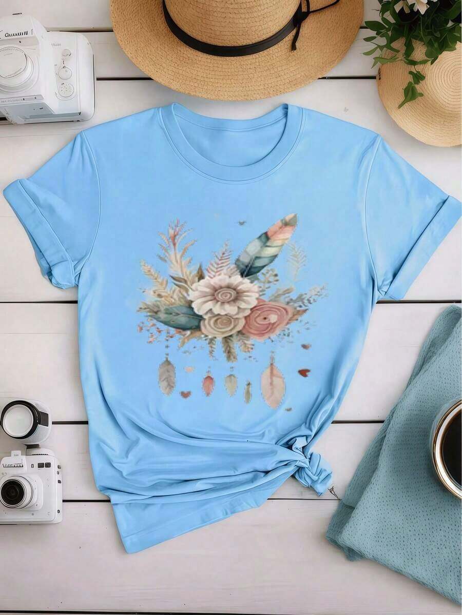 Women's White Summer T-Shirt, Watercolor Floral Design With Heart And Teardrop, Bohemian Style, Casual Round Neck, Soft Cotton, Romantic And Whimsical Design For Flower Lovers In Spring And Summer - 藍色 - 查看 1