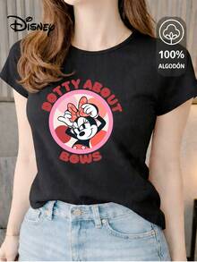 Playera para Dama 100% algodón de excelente calidad, esta playera garantiza una suavidad excepcional al tacto, cuello redondo con estampado "Disney Minnie Dotty About Bows" y manga corta - Negro - Ver 1