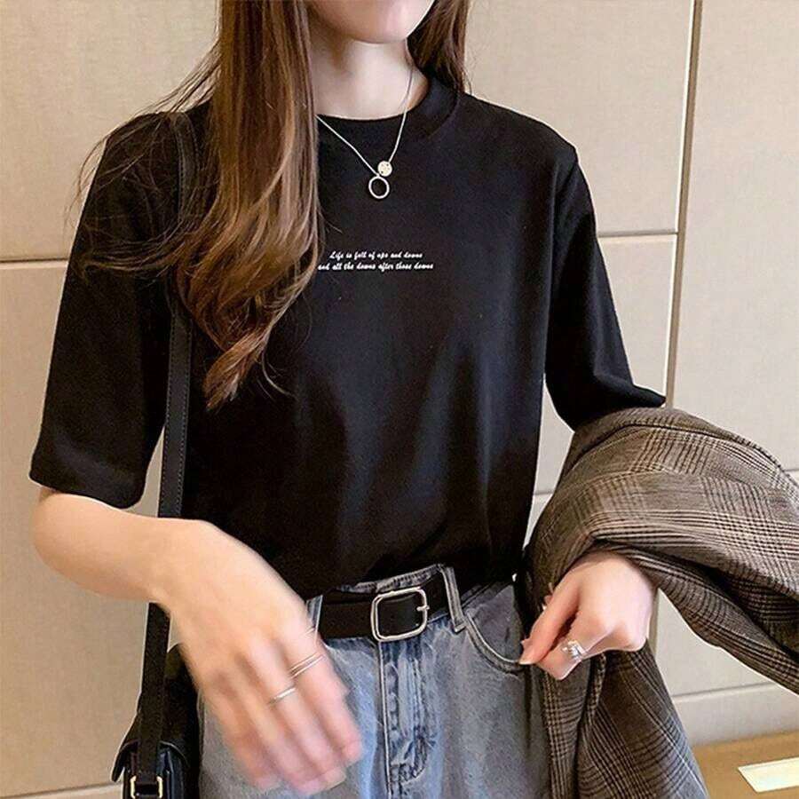 Summer Casual T-Shirt 2026, Korean Style, Loose Fit, Letter Print, Short Sleeve, For Female Students, Women's Clothing, Dropshipping, 100% Cotton, Durable - 黑色 - 查看 1