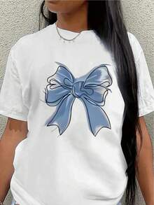 This Short-Sleeved Polyester T-Shirt, Decorated With A Light Blue Bow Pattern, Is Lightweight And Durable, Ideal For Casual Wear At Home Or In Restaurants, And Is Comfortable And Fits Well For Everyday Wear. Women's Blouses > Clothing - 白色 - 查看 7
