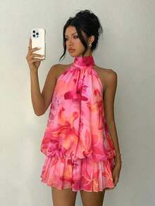 Vestido mini elegante de mujer con cuello halter y lazo en color amarillo claro - Multicolor - Ver 4
