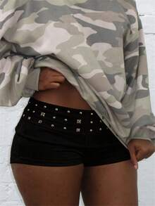 Womens Studded Fold Over Waist Shorts Y2k Low Waist Rivet Micro Shorts Slim Fit Boyshorts Goth Rave Costumes Mini Bottoms Casual Stylish Rivet Design Hot Pants Streetwear Party Clubwear - F619-黑色 - 查看 2