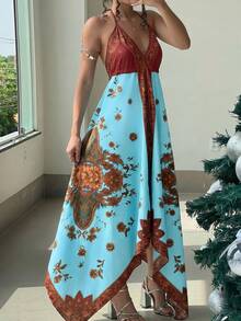 Đầm nữ phong cách đường phố boho in họa tiết, cổ yếm, thích hợp cho mùa xuân/hè. - Nhiều màu - Xem 5