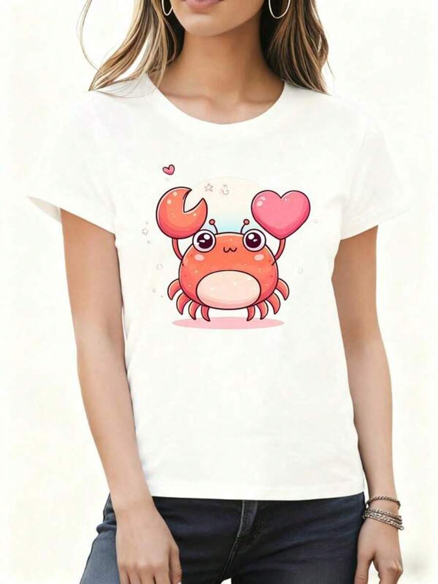 Women's Short Sleeve Crew Neck T-Shirt With Cute Crab Print With Heart-Shaped Claws, Sizes S-3XL. Fashionable, Comfortable, Breathable, And Machine Washable. - 白色 - 查看 1