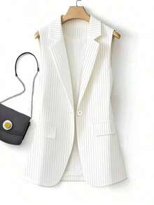 Chaleco blazer regular de mujer con parches a rayas y un solo botón, unicolor con bolsillo y botón, para uso en oficina en primavera - Blanco - Ver 1