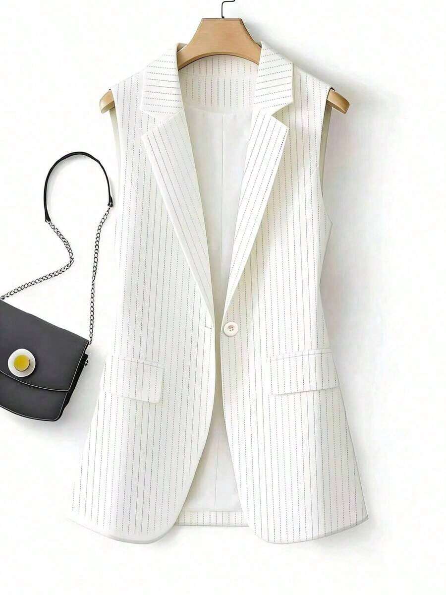 Chaleco blazer regular de mujer con parches a rayas y un solo botón, unicolor con bolsillo y botón, para uso en oficina en primavera - Blanco - Ver 1