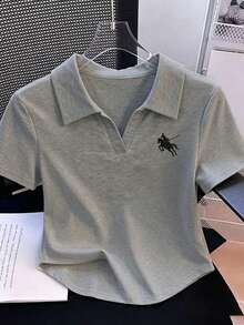 Women's Preppy Short Sleeve Cropped Polo T-Shirt, Decorated With Fashionable Patterns, High Elasticity Short Top, Suitable For Summer Casual Daily Office Wear - Grey - View 7