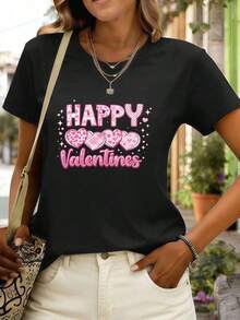 Women's T-Shirt With Valentine's Day Heart Print For Autumn, Premium Cotton, Loose Fit, Breathable, Urban Hip-Hop Style, Artistic Print. Everyday Wear - 黑色 - 查看 1