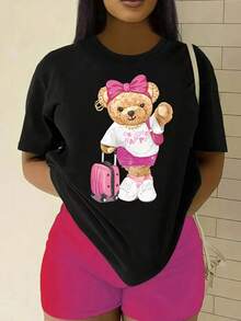 Camiseta Casual de Verano para Mujer con Diseño de Oso de Dibujos Animados y Lazo Rosa, Cuello Redondo , Tejido Transpirable y Elástico, Lavable a Máquina, Ideal para Viajes y Uso Diario, Estampado Divertido, Material No Transparente - Negro - Ver 6