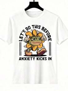 Breathable Motivational T-Shirt With Frog And Flower Design "Let's Do It Before Anxiety Appears" For Women And Men, Casual Graphic Design T-Shirt With Funny Phrase And Cartoon Drawings, Perfect For Everyday Wear And Gift Ideas, Women's Cotton T-Shirts, Premium Women's - 白色 - 查看 3