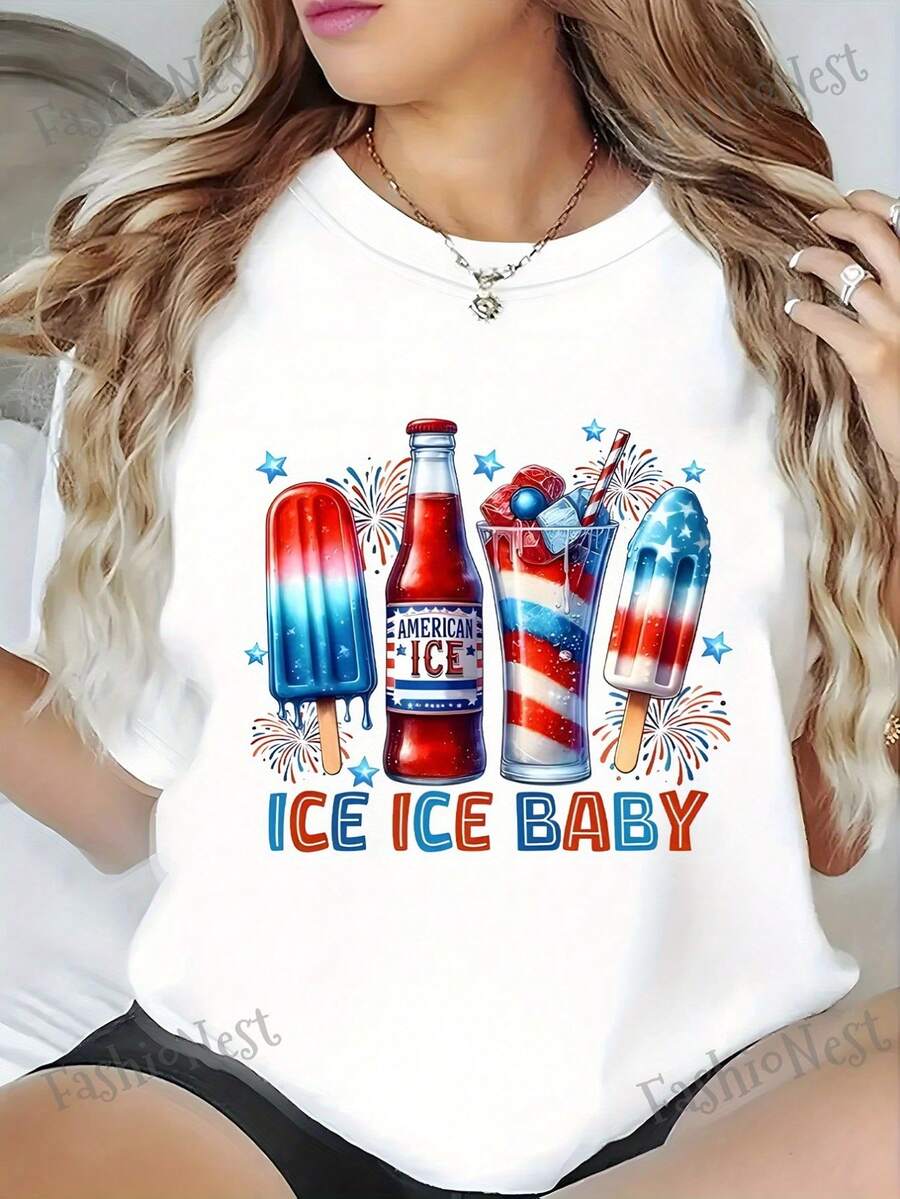 Women's 100% Patriotic T-Shirt With Ice Cream Print For The 4th Of July | Breathable, Loose Fit, Crew Neck, Short Sleeve Summer Casual T-Shirt With Rocket And American Flag Design - Holiday Gift, Comfortable For All Seasons, Independence Day Themed. - 白色 - 查看 1