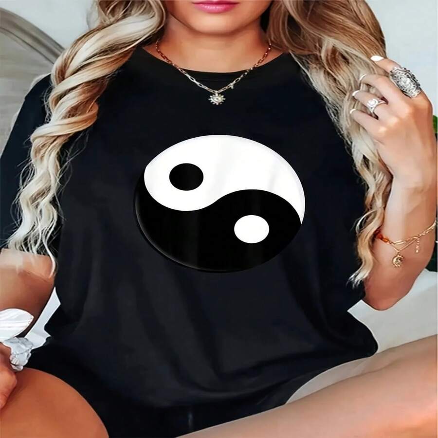 Women's T-Shirt With Yin Yang Symbol | High-Elastic Short-Sleeve Blouse With Yin-Nguyen Lettering, Casual Round Neck Top, 95% Polyester 5% Spandex, Regular Fit H-Line For Spring Summer Autumn Casual Wear S-XXXL - 黑色 - 查看 1