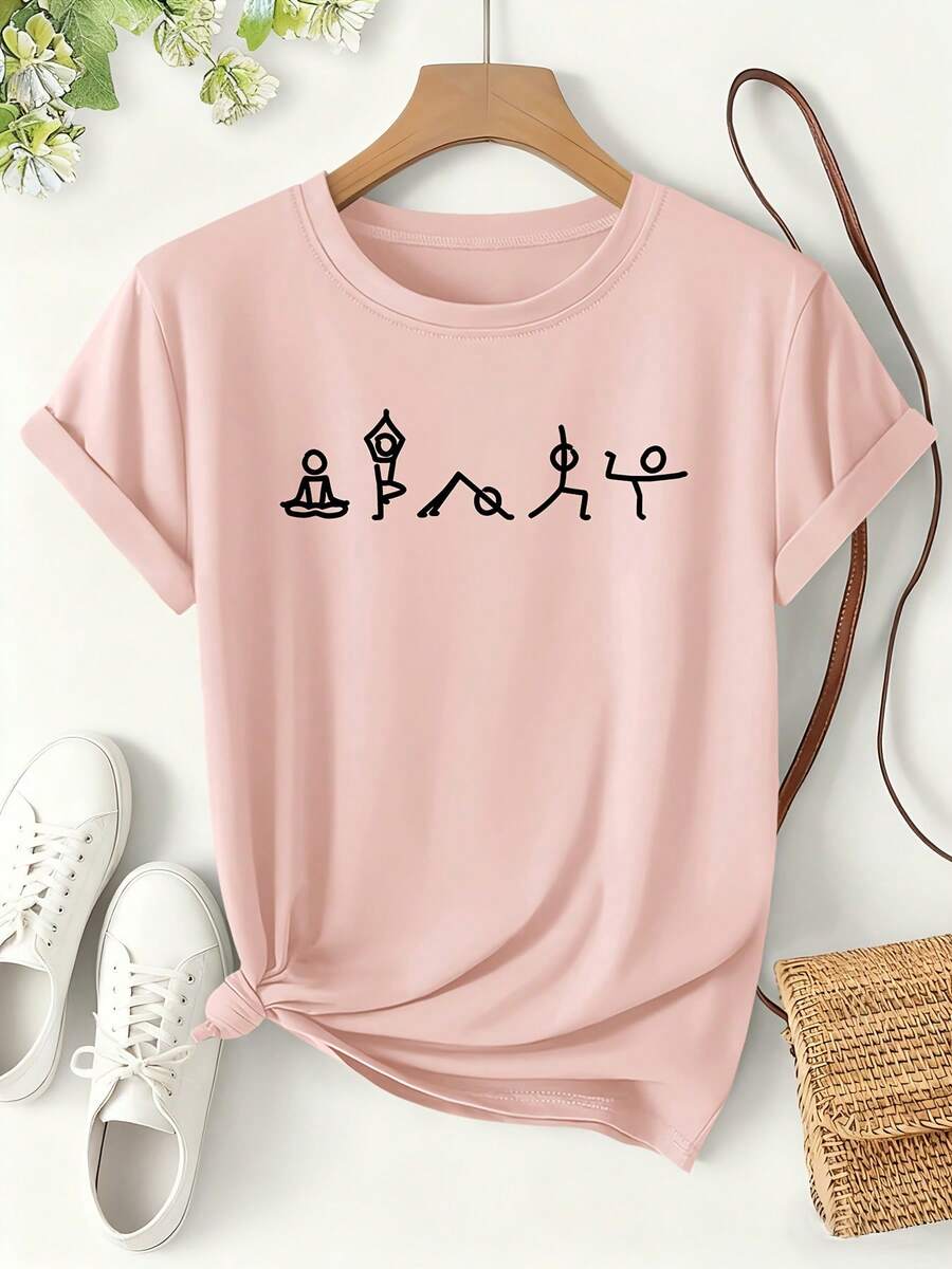 Women's Yoga Figure Icon Print T-Shirt, 2026 Spring/Summer Fun Style Short Sleeve, Lightweight Sporty Daily Wear Loose Fit Top, Cute And Fun Sports Themed Fashionable Versatile Design, Women's Clothing Sizes S-XXL - 粉色 - 查看 1