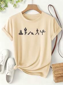 Women's Yoga T-Shirt With Yoga Figure Print, Fun Style Spring/Summer 2026, Short Sleeve, Lightweight, Sporty, For Everyday Wear, Loose Fit, Versatile And Modern Sports-Themed Design, Women's Clothing Sizes S-XXL - 杏色 - 查看 6