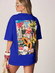 ropa de mujer  Puerto Rico Camiseta de algodón oversize con estampado en la espalda para vacaciones de verano en la playa, camiseta gráfica casual, camisas de mujer - Azul - Ver 3