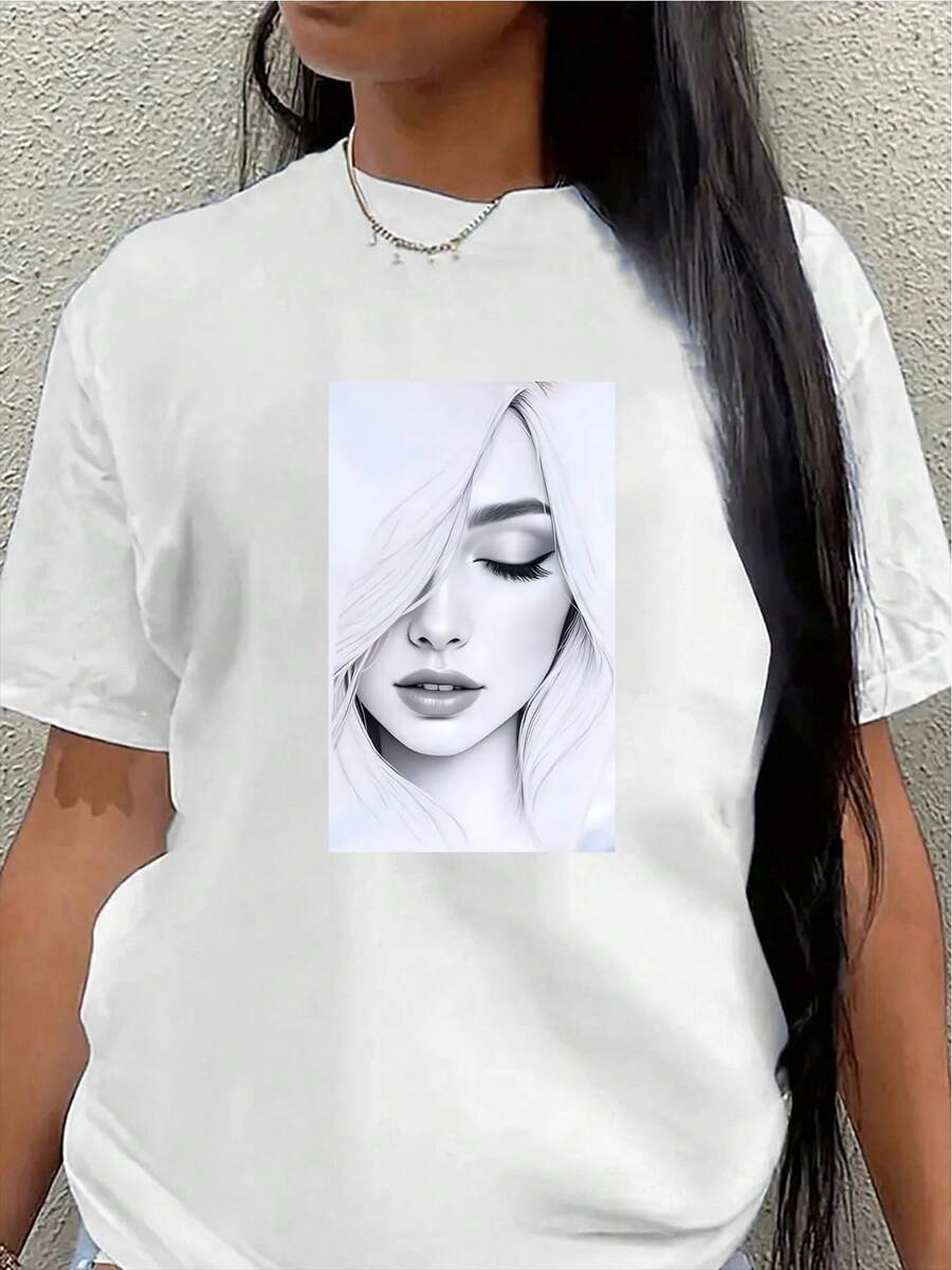 This Lightweight And Durable Short-Sleeved T-Shirt Features An Artistic Print Design, Perfect For Lounging At Home, Dining Out, Or Enjoying Outdoor Activities. The Soft Fabric Ensures All-Day Comfort. Women's Casual Blouse - 白色 - 查看 1