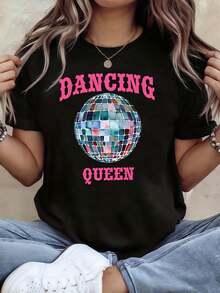 1 camiseta para mujer con estampado de bola de discoteca "DANCING", de manga corta y cuello redondo, estilo casual para primavera/verano, ideal para uso diario, regalo para vacaciones, 180g 100% algodón. - Negro - Ver 7