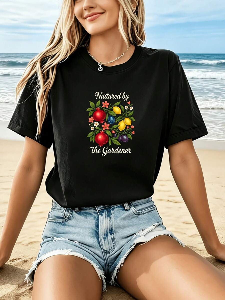 Camiseta Deportiva Casual para con Diseño Colorido de Frutas y Texto - Camiseta Elástica de Cuello Redondo, Lavable aáquina, Ajuste Cómodo y Perfecta para Todas las Estaciones, para un Look Casual y Fresco. - Negro - Ver 1