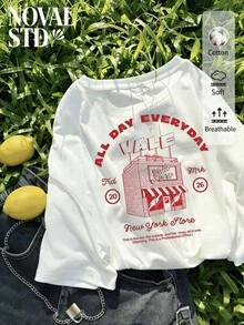 1 Piece Of Women's White Short-Sleeved T-Shirt, Casual Street Style, Vacation Style, Loose Fit, Multifunctional, With Round Neck And Double-Sided 'ale Store New York' Print, A Fashionable Garment Suitable For Everyday Wear. 180g 100% Cotton. - 白色 - 查看 3