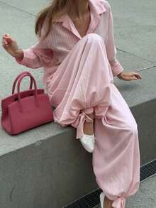 Nuevos pantalones elegantes de moda casual con lazo, plisados y de farol, adecuados para exteriores, viajes, diario, vacaciones, oficina, todo el año, color negro primaveral - Rosa - Ver 4