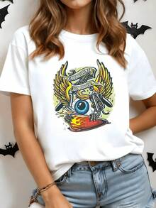 Blue Eye With Golden Wings Symbolizing Freedom, Energy, And Creativity, Surrounded By Fire And Stars, Highlighting A Rebellious Spirit. Modern Casual Women's T-Shirt For Everyday Wear. - 白色 - 查看 1