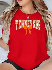 Fashion NEW1 pieza de camiseta con estampado gráfico de la marca Tennessee Bow, diseño de letras, estilo casual vintage para mujer, 100% algodón, cuello redondo - Estilo vintage urbano, unisex, camiseta holgada de manga corta con cuello redondo de algodón. Camiseta unisex de algodón de manga corta y cuello redondo, estilo vintage urbano. - Rojo - Ver 1