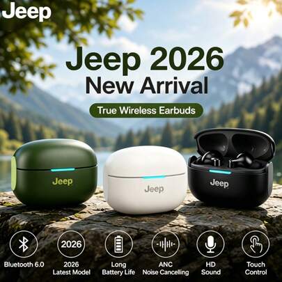  Jeep EW018 TWS 耳机，支持主动降噪 (ANC) 和蓝牙 6.0，13mm 复合振膜立体声，支持通话降噪 (ENC)，30 小时超长续航，入耳式设计，适合运动、游戏和日常使用。