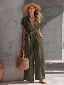 Casual Retro-Style Jumpsuit For Vacation, V-Neck With High Collar, Zipper And Drawstring - Army Green - View 4