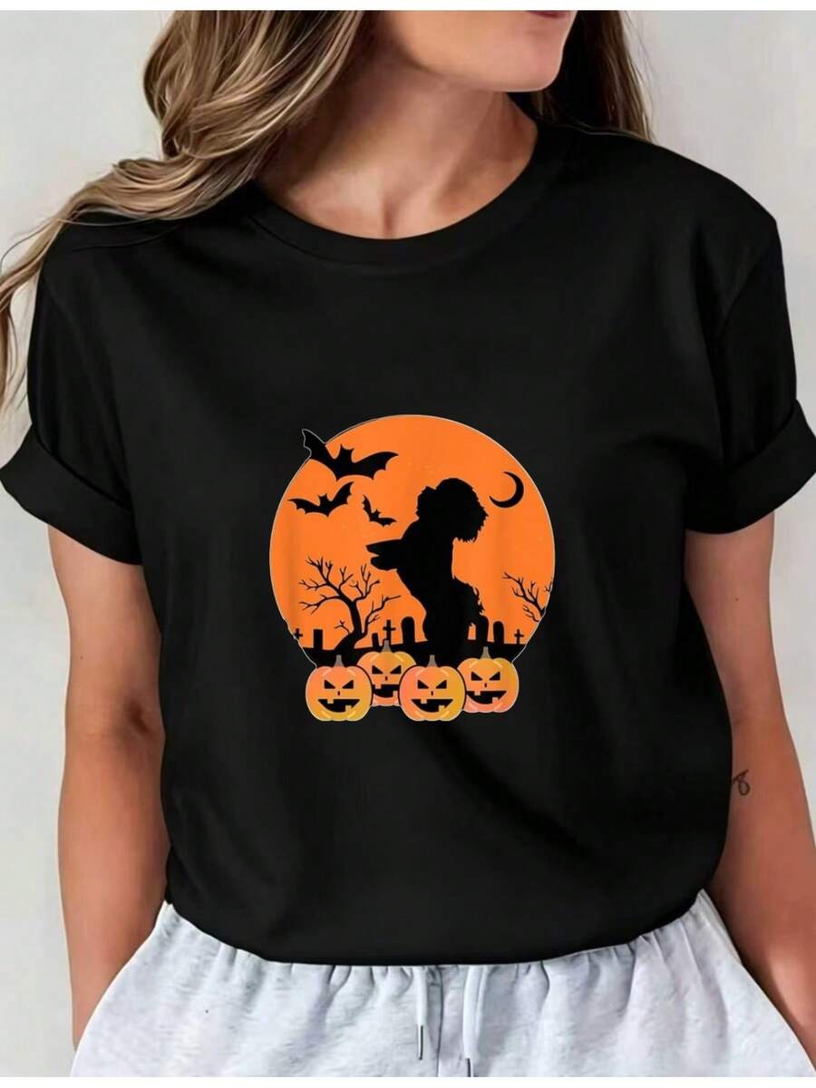 Camiseta Deportiva Casual para Mujer - Camiseta Negra con Diseño de Bruja Iluminada por la Luna Naranja y Calabazas - Elástica y de Cuello Redondo, Lavable aáquina, Ajuste Cómodo para Todas las Estaciones, para Celebrar el Otoño. - Negro - Ver 1