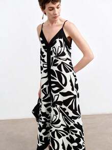 Vestido deslizante casual con estampado floral largo adecuado para vacaciones - Negro - Ver 5
