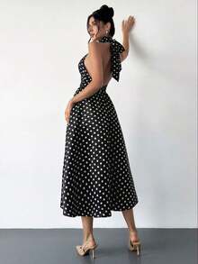 High-Waisted Midi Dress With A V-Neck And Open Back, In A Vintage French Polka Dot Style, Suitable For Valentine's Day, Concerts, Performances, Dates, Banquets, Weddings, Sexy, Elegant, Back To School, Vacation, Beach, Romantic - 灰色 - 查看 7