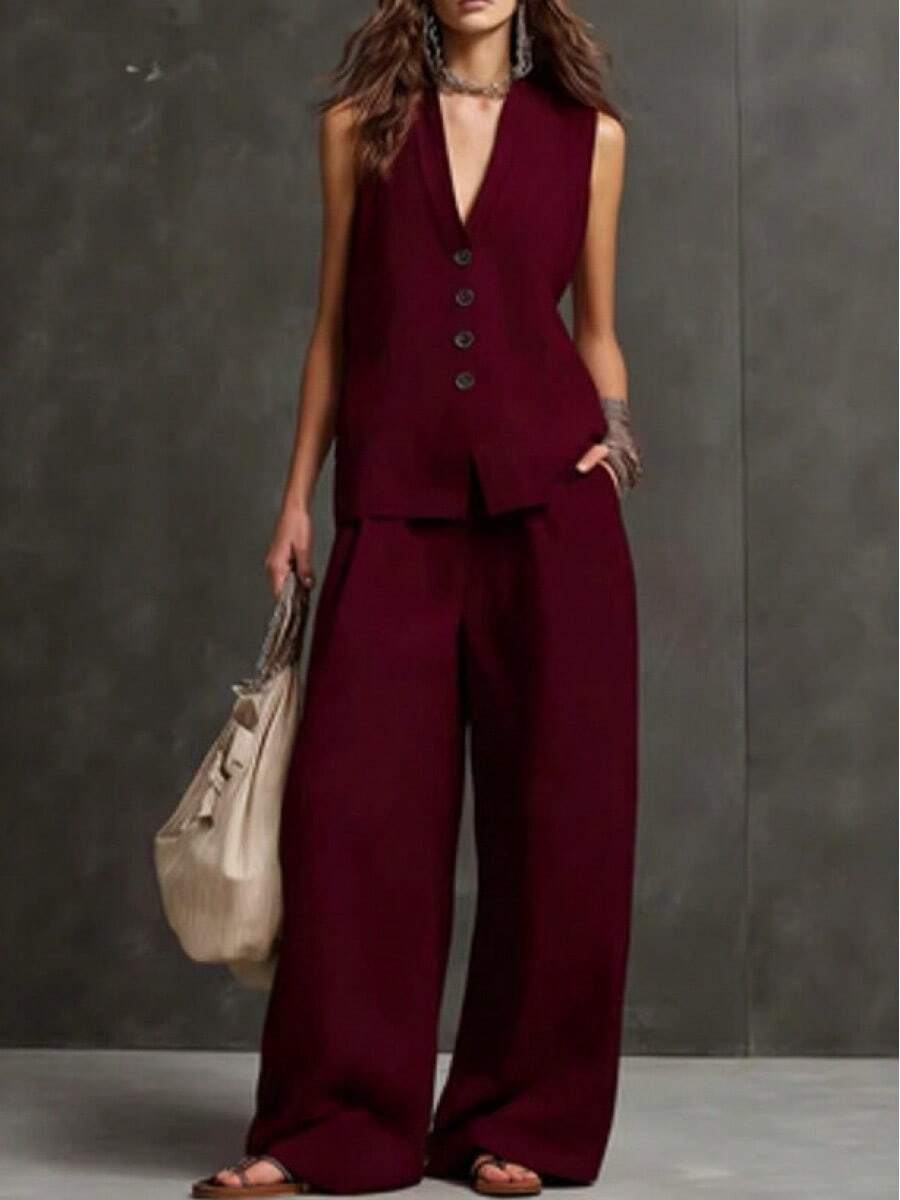 Conjunto Dos Piezas Mujer 2026, Musculosa Sin Mangas y Pantalones Pierna Ancha en Algodón Lino - Rojo oscuro - Ver 1