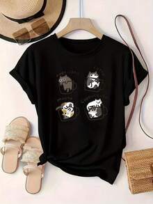 Limited Time Offer, Limited Quantities, Flash ! Women's Casual Shirts, Women's Polyester T-Shirts, Elegant Shirts. A Women's Crew Neck T-Shirt With Four Coffee Names Printed Alongside Matching Cat Illustrations. - 黑色 - 查看 1
