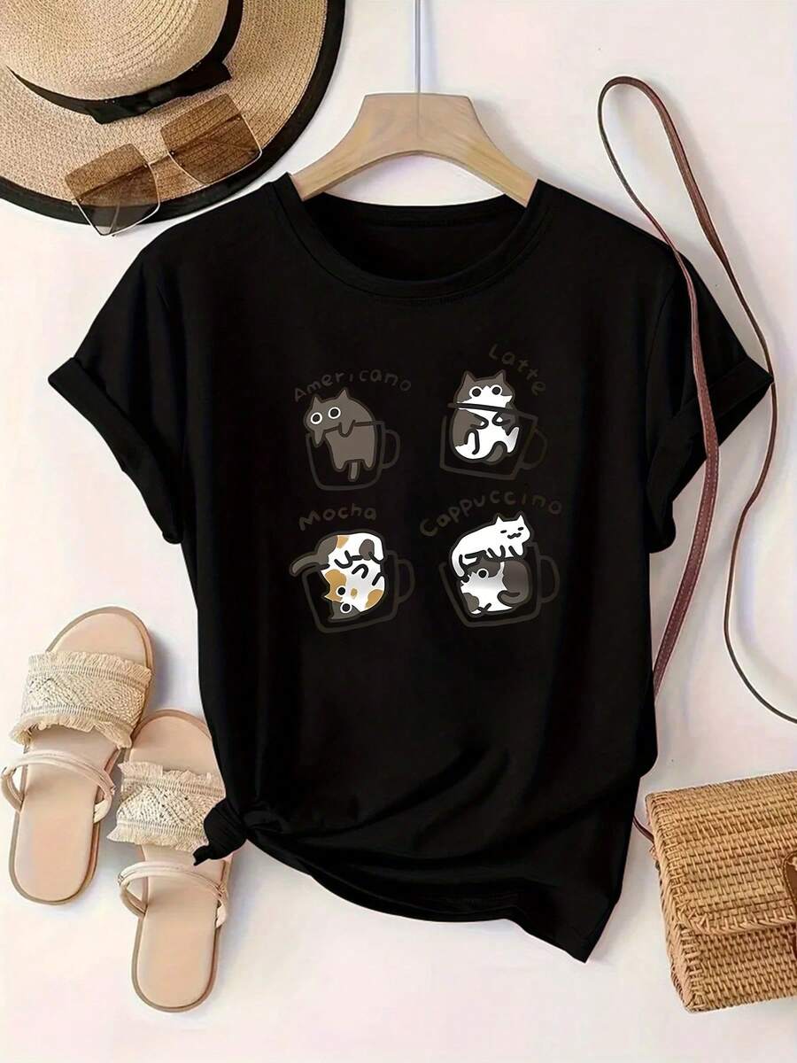 Limited Time Offer, Limited Quantities, Flash ! Women's Casual Shirts, Women's Polyester T-Shirts, Elegant Shirts. A Women's Crew Neck T-Shirt With Four Coffee Names Printed Alongside Matching Cat Illustrations. - 黑色 - 查看 1