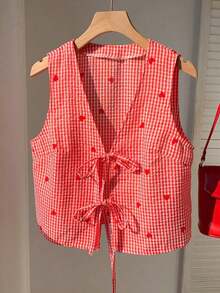 2026 Nuevo Verano Elegante, de Vacaciones, Informal, Y2k, Primavera Día de San Valentín Blusa Casual con Estampado de Corazón y Lazo Frontal para Mujer Blusa a Cuadros Rojos, Blusa Roja a Cuadros, Blusa Roja con Estampado de Corazón, Blusa Roj - Multicolor - Ver 3