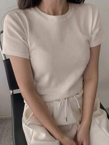 Camiseta de manga corta de cuello redondo de unicolor versátil y casual para el verano - Albaricoque 2 - Ver 6