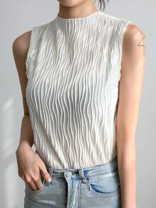 Blusas de tirantes de cuello alto de verano de tela con textura uniforme, casuales pero elegantes - Blanco - Ver 3
