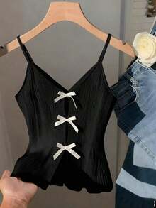 Top de tirantes finos de mujer con textura de tela sin mangas y decoración de lazo para el verano - Negro - Ver 4
