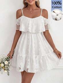 Vestido corto elegante de mujer con cuello en V, volantes, cintura y línea A, con estampado de lunares marrones y hombros descubiertos - Blanco 2 - Ver 5