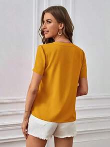 Blusa casual de mujer de unicolor con cuello en V y manga corta - Amarillo - Ver 2