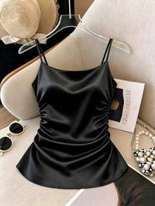 Camiseta de tirantes finos de satén brillante con pliegues, ajuste ceñido, ideal para usar sola o en capas en verano.Camiseta sin mangas perfecta para el uso diario, citas nocturnas y atuendos de vacaciones.Ideal para looks casuales de verano y - Negro - Ver 5