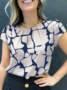 Blusa casual estampada para mujer, de cuello redondo, manga corta, corte holgado con detalle de busto plisado, adecuada para uso casual de fin de semana en verano - Azul - Ver 1