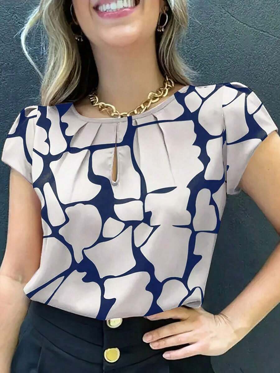 Blusa casual estampada para mujer, de cuello redondo, manga corta, corte holgado con detalle de busto plisado, adecuada para uso casual de fin de semana en verano - Azul - Ver 1