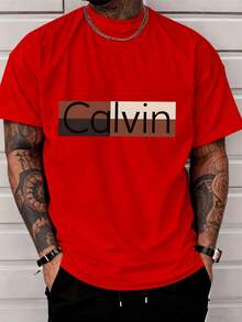 Color Block Pattern Men's Casual Short Sleeved Calvin Letter T-Shirt - Men's Fashion Street Style Adults Casual Wear - 黑色 - 查看 1
