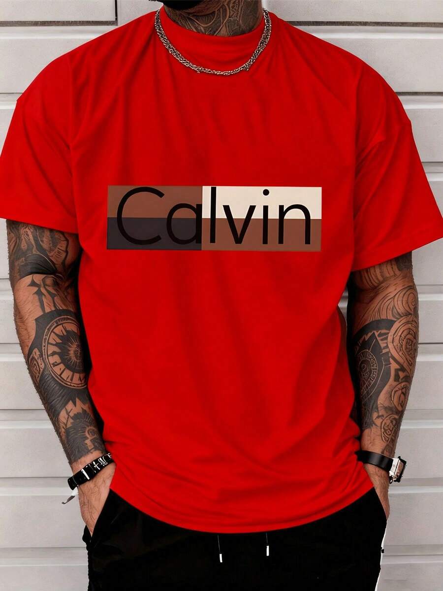 Color Block Pattern Men's Casual Short Sleeved Calvin Letter T-Shirt - Men's Fashion Street Style Adults Casual Wear - 黑色 - 查看 1
