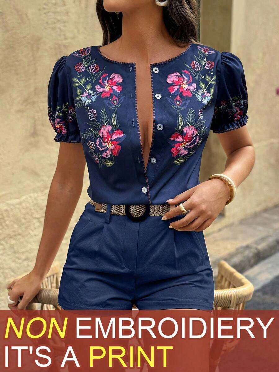 Blusa estampada de mujer con estilo de vacaciones - Azul - Ver 1