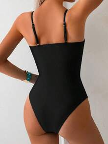 Nuevo traje de baño de una pieza elegante y sexy con diseño calado en negro, de moda para la playa, vacaciones, fiestas y citas - Negro - Ver 4