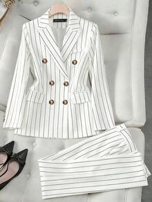 Conjunto de traje a rayas, blazer de negocios casual de doble botonadura y pantalones a medida, estilo versátil adecuado para varias ocasiones, conjunto de 2 piezas - Blanco - Ver 1